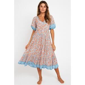 Poupette St Barth Floral Boho Midi Dress | Blue Orange Print | Size XS